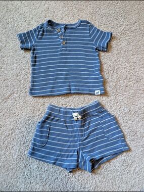 Carter's Blue and White Striped Knit Henley Two-Piece Set - Size 12 Months
